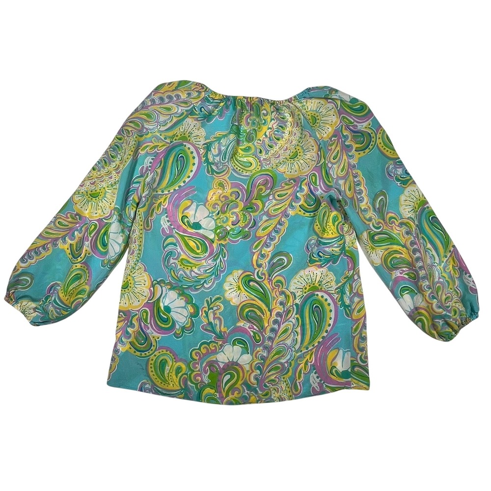 Lilly Pulitzer Silk Blouse Womens S Turquoise Multi Paisley Top Preppy Boho - Picture 4 of 11